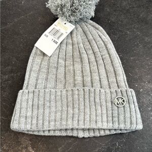 Michael Kors Gray Ribbed Beanie with Pom-Pom